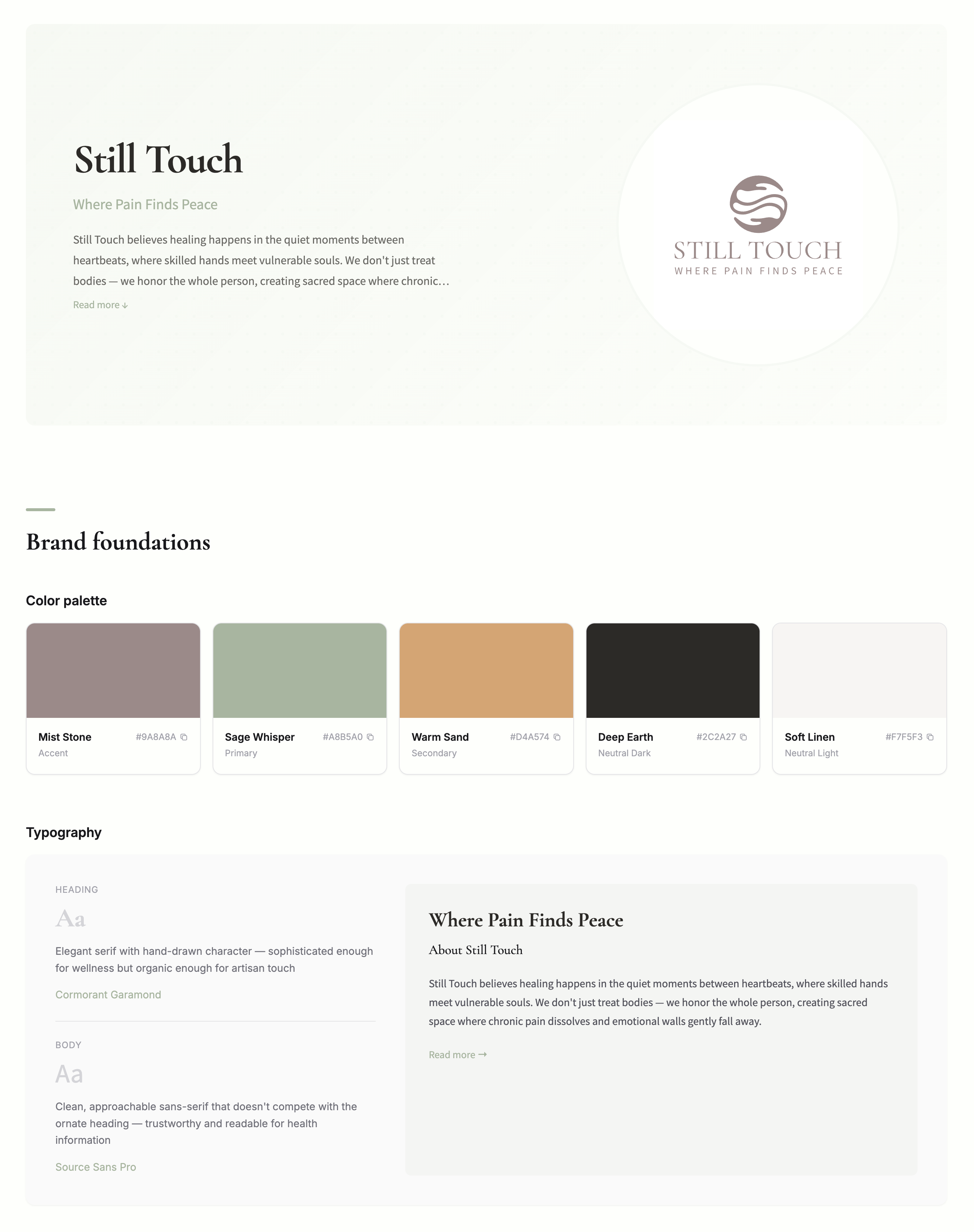 Refined Still Touch brand summary card showing logo, colour palette, and typography.